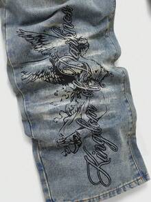 ROMWE MEN Street Life Quần Jeans Denim Phai Họa Tiết Chữ Cho Nam - Màu xanh lam - Xem 3
