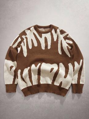 StoneGrade كنزة صوفية كاجوال بياقة طاقم بأكمام طويلة وتصميم جاكار بألوان متباينة، خريف/شتاء