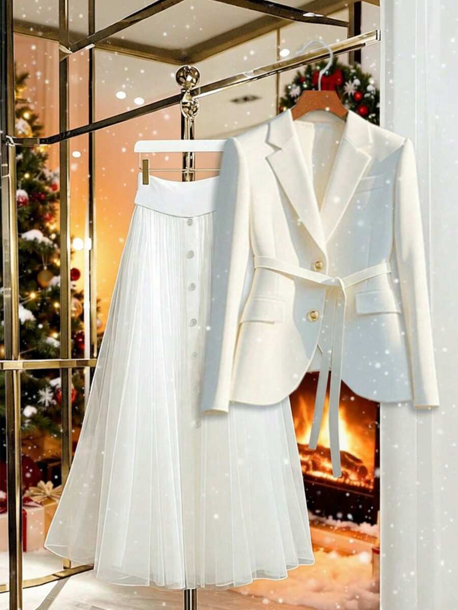 Franclia Elegant White Blazer Jacket & Mesh Skirt, Fashionable & Versatile 2 Pieces Suit Set, Autumn/Winter - Beige - View 1