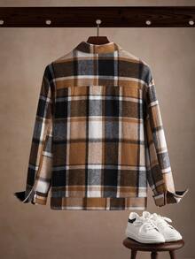 Core Aspect 1pc Men's Wool Blend Plaid Pattern Jacket, Featuring Black Button Decor, Simple Casual Design, Fitted Comfortable Silhouette, Functional Side Pockets, Suitable For Daily, Commute, School, Vacation Wear, Great Gift For Husband Or Boyfriend, Unisex Couple Matching Men Shacket Plaid Jacket Men Men Overshirt Flannels For Men Fall Clothes For Men, Men Plaid Jacket, Flannel Men Jacket, Brown Flannel Men, Checkered Jacket, Streetwear Plaid