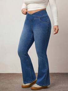 Enliva Quần jeans ống loe co giãn cao cấp dành cho nữ cỡ lớn, có chi tiết túi, phù hợp với dáng người quả táo và tròn trịa. - Màu xanh lam - Xem 5