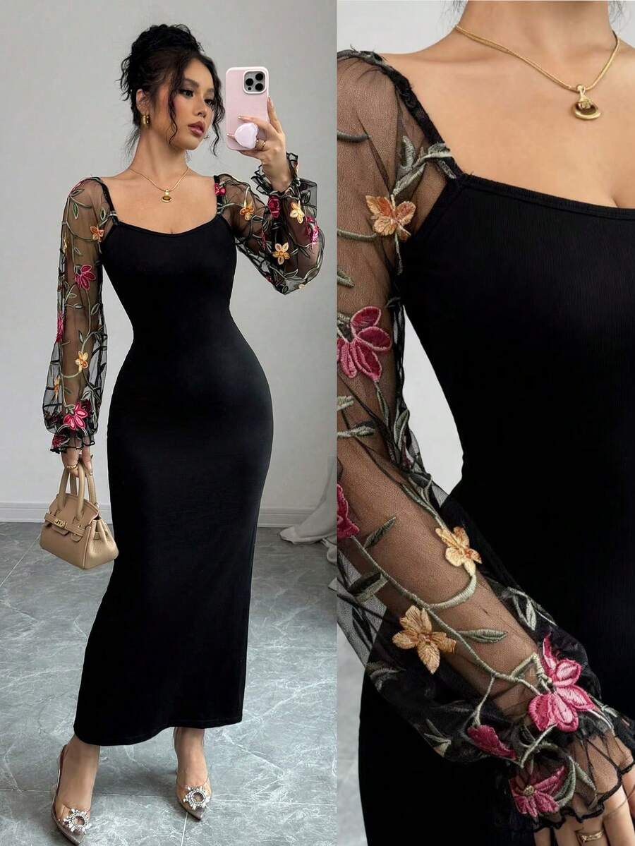 Elenzga Đầm suông thanh lịch thêu hoa cổ tim cho nữ - màu đen - Xem 1