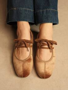 Rosivie Giày bệt buộc dây màu trơn đơn giản, dễ phối đồ, tiện lợi khi đi làm cho nữ - Màu Khaki - Xem 8