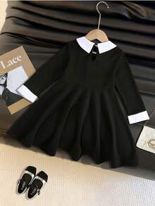 SHEIN Young Girls Bowknot A-Line Dress With 2 In 1 Shirt Collar, Suitable For Casual Outings And School - Black - View 2
