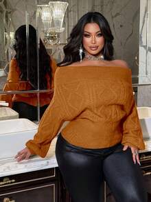 NU&NOW Plus Size Women Solid Color Off-Shoulder Cable Knit Pullover Sweater - Orange - View 1