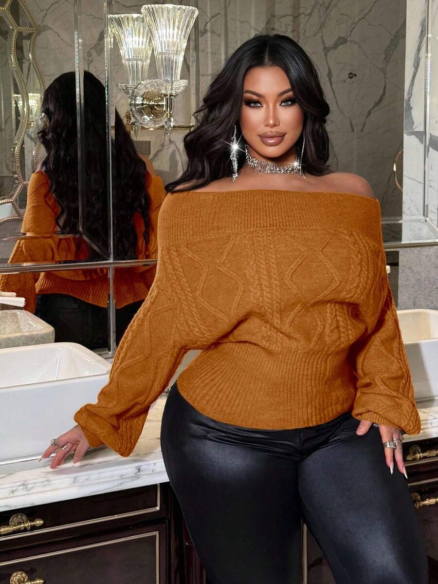 NU&NOW Plus Size Women Solid Color Off-Shoulder Cable Knit Pullover Sweater - Orange - View 1