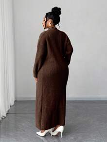 Maweii Plus Size Women Solid Color Cable Knit Elegant Dress Cardigan Two Pieces Set - Coffee Brown - View 2