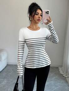 Elenzga 女士条纹露背蝴蝶结长袖休闲T恤 - 黑色 - 查看 4