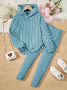 Sparklyn 2pcs/Set Tween GirlsRibbed Hoodie Top With Asymmetrical Hem And Leggings - Blue - View 7