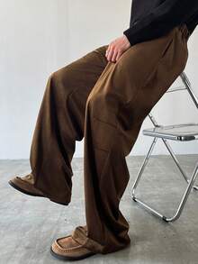 Manfinity EMRG Men's Casual Loose Pleated Cargo Pants,Coffee Brown,Autumn,Elegant,Work Streetwear Baggy Japanese Style Graphic Unisex Versatile Daily Trouser Gift - Brown - View 5