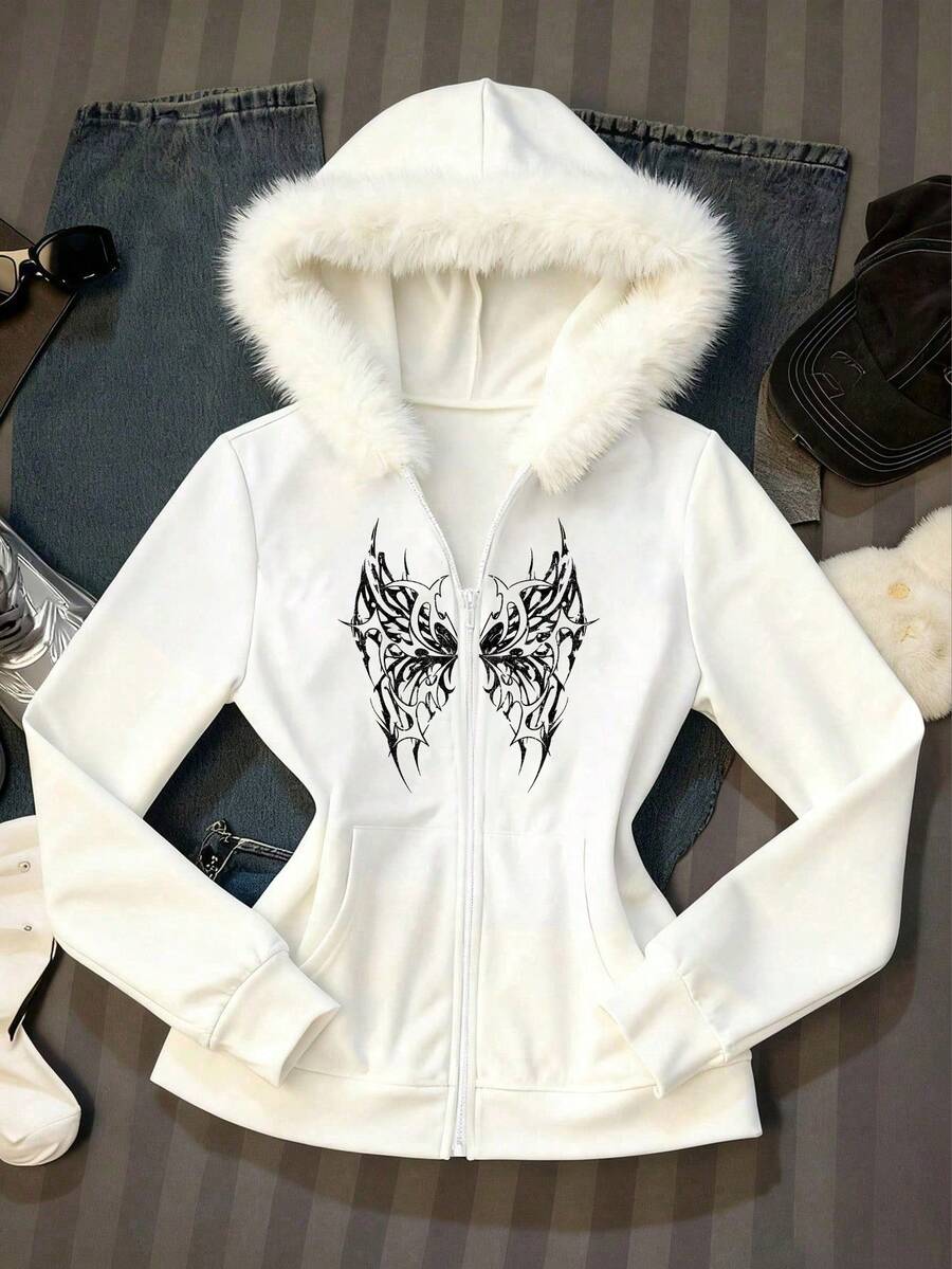 Comfortcana White Gothic Wing Print Sweatshirt, Women's Hooded Sweatshirt With Faux Fur Collar, Y2K Chic - Multicolor - View 1