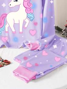 一套少女春秋季时尚紫色独角兽爱心印花高弹紧身面料两件套睡衣
