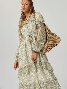 Freevana 女士度假风碎花V领连衣裙，荷叶边下摆，长袖碎花连衣裙，浪漫春日初次约会连衣裙 - 彩色 - 查看 6