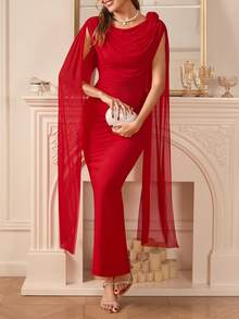 Amorya 女士新款优雅纯色圆领3D立体花卉装饰修身长裙 - 紅色 - 查看 2