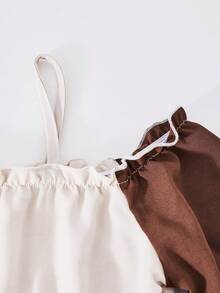 MODELY 少女撞色荷叶边领露肩吊带腰部镂空不对称喇叭袖连衣裙，适合日常休闲穿着 - 彩色 - 查看 4