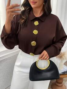 SHEIN LUNE 大码纯色金属纽扣优雅长袖衬衫 - 棕色 - 查看 6