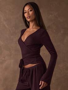 SHEIN BAE 女士时尚休闲罗纹V领裹身系带上衣 - 鏽棕色 - 查看 7