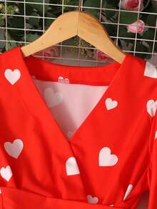 SHEIN 女士红色爱心印花蝴蝶结长袖长裤连体裤 - 紅色 - 查看 7