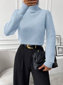 SHEIN 女士纯色高领长袖休闲毛衣，秋冬季 - 淺藍色 - 查看 5
