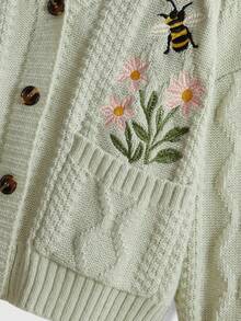 ROMWE Áo khoác cardigan thêu hoa cổ điển, áo len ngắn cổ chữ V dệt kim màu xanh lá cây nhạt, áo khoác thường ngày thiết kế túi nghệ thuật - Màu xanh Bạc hà - Xem 4