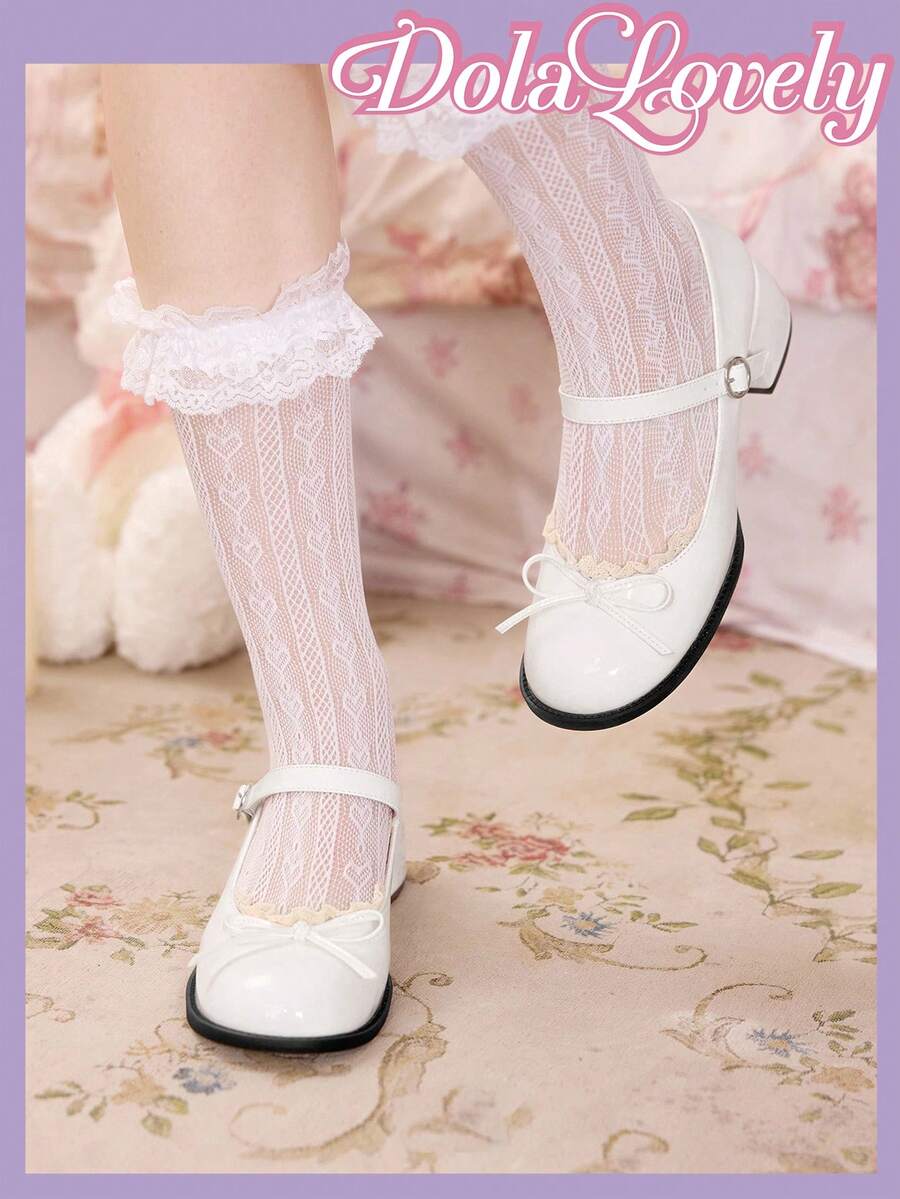 Dola Lovely Giày cao gót đế xuồng Mary Jane mũi tròn ren trắng phong cách Lolita dễ thương dành cho nữ, thích hợp cho Halloween, Giáng sinh, Lễ tạ ơn, Thu/Đông - trắng - Xem 1