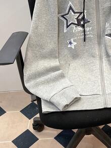 Manfinity Joysei 男士休闲星星和标语印花抽绳连帽运动衫，秋冬款 - 淺灰色 - 查看 5