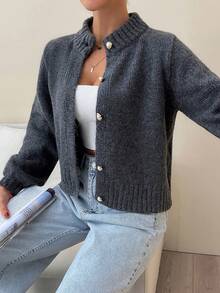 Women Button Front Pearl Buttoned Cozy Knit Cardigan