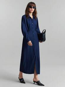 Ontre 2026春夏新款女士纯色翻领褶裥单排扣优雅简约通勤连衣裙，女士办公室套装，音乐节、情人节、夏季等场合的优雅连衣裙 - 藏蓝色 - 查看 5