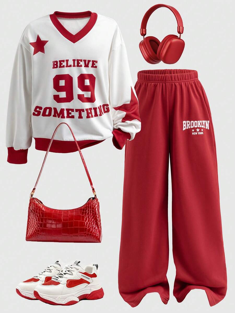 SHEIN ChillGRL 2件套女童休闲时尚街头风数字和英文字母星形图案V领长袖宽松上衣和阔腿裤运动套装，日常穿着 - 彩色 - 查看 1