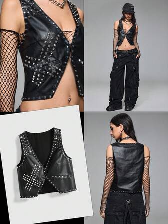 Grunge Punk Chaleco/Chaqueta de PU con remaches de metal oscuro estilo punk