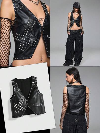 Grunge Punk Chaleco/Chaqueta de PU con remaches de metal oscuro estilo punk