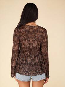 Coeurva 假期派樣印花綁帶前開衩口褶邊女士夏季襯衫 - 咖啡棕 - 查看 3