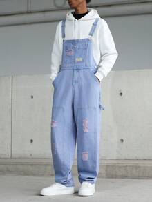 Manfinity Hypemode Men's Casual Distressed Chest Strap Denim Bib Overalls Baggy Overalls Men - Mauve Purple - View 4