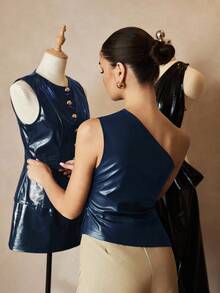 SHEIN X Belinda Siren Gaze One-Shoulder Smocked PU Top For Women, Pleated Waist Slimming Top For Women Summer Casual