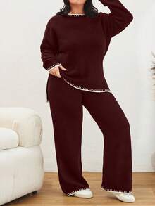 Color Block Edged Long Sleeve Sweater And Knitted Pants Two Pieces Set - Burgundy - View 4