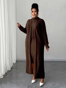 Maweii Plus Size Women Solid Color Cable Knit Elegant Dress Cardigan Two Pieces Set - Coffee Brown - View 5
