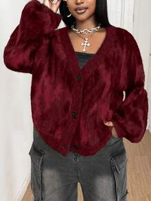 Maweii 大码女式扎染长袖单排扣宽松针织开衫，秋冬款 - 紅色 - 查看 5