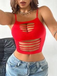 Y2K风格红色无缝高弹镂空性感露胸吊带背心，适合日常穿着、派对、音乐节、夜店等场合。 - 紅色 - 查看 3