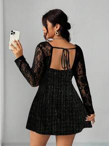 Elenzga 大码女式蕾丝拼接长袖收腰连衣裙 - 黑色 - 查看 2