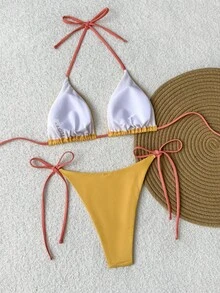 Bonvoyette Women's Sexy Tie-Up Halter Neck Floral Print Backless Bikini Set, Suitable For Summer Beach Vacation & Party, 2026 Spring/Summer Holiday Beach Yellow Bikini Two Pieces