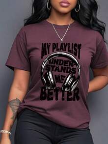 SHEIN LUNE MUSIC SOOTHES MY SOUL Letter Slogan Crew Neck Short Sleeve Plus Size T-Shirt - Red Violet - View 1