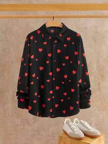 HIMLAND Men's Contrast Color Heart Print Long Sleeve Shirt Couple Matching Shirts For Couples Valentines Day Attire Black Shirt Red Hearts Husband And Wife Matching Outfits Men And Woman Matching Outfits - Black - View 7