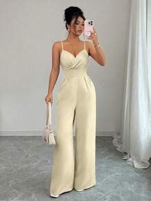Elenzga Damen einfarbiger Spaghetti-Träger gekreuzter Wickel-ärmelloser plissierter eleganter einfarbiger Jumpsuit mit geraffter Taille - Aprikosenfarben - Übersicht 3