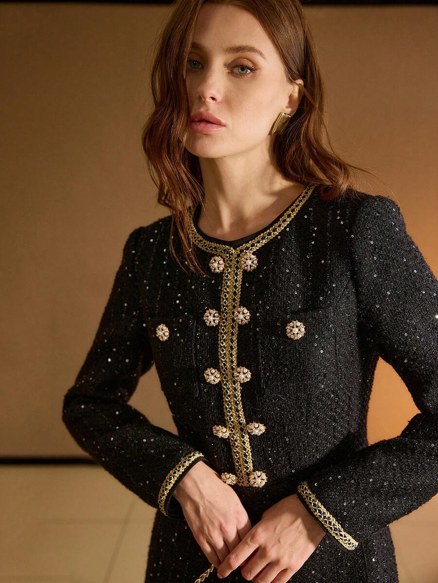 MOTF PREMIUM TWEED SEQUINS CONTRAST TAPE TRIM RHINESTONE FAUX PEARLS DETAIL MIDI DRESS - Black - View 2