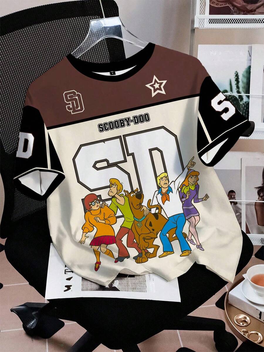 SCOOBY-DOO X SHEIN 女士休闲时尚街头卡通字母图案拼色短袖T恤，夏季 - 白色 - 查看 1