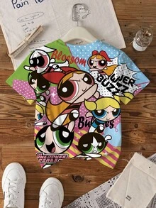 THE POWERPUFF GIRLS X SHEIN 青少年女孩舒适圆领短袖夏季休闲卡通可爱街头花朵泡泡毛茛图案 T 恤 - 白色 - 查看 3