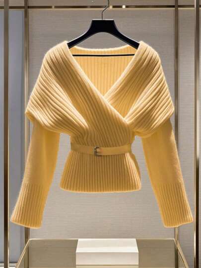 Franclia Suéter de punto acanalado con cuello superpuesto de unicolor, talla grande, otoño/invierno