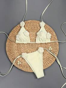 Swim Mod 2026 Spring/Summer Solid Color Floral Crochet Halter Sexy Side Tie Cute Sweet Women Bikini Set - Apricot - View 7