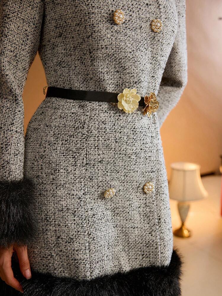 WOMEN'S WOOL TWEED FAUX FUR PATCHWORK MINI DRESS, AUTUMN/WINTER