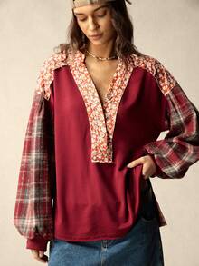 Women's Fabric Patchwork Lantern Sleeve Retro Casual Sweatshirt Patchwork Top Burgundy Blouse Fall Tops Red Checkered Top 70s Tops - Burgundy - View 1